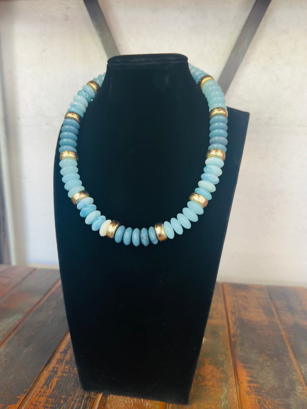 Turquoise + Gold Wide Bead Necklace