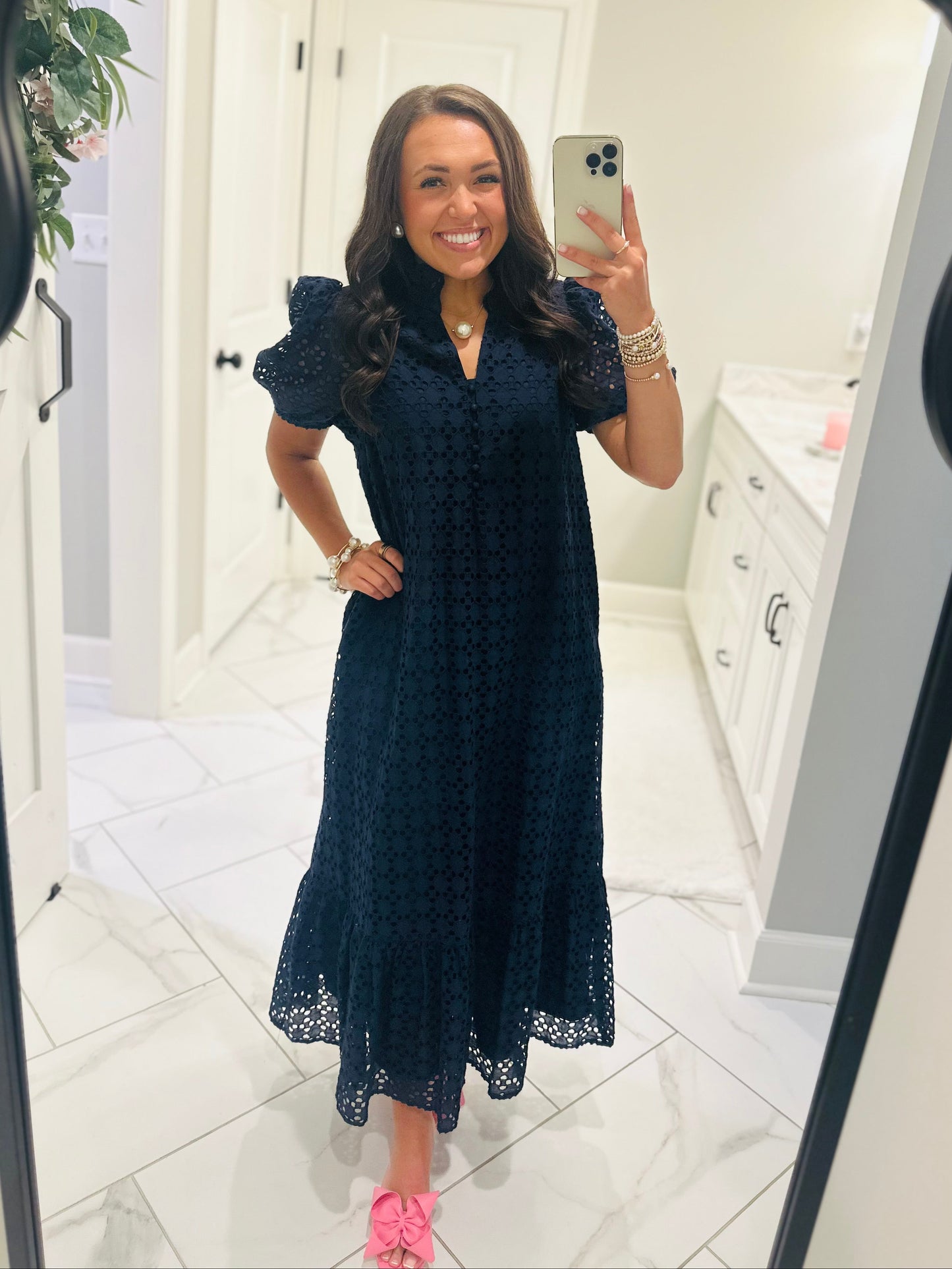 The Liz Navy Eyelet Midi Dress