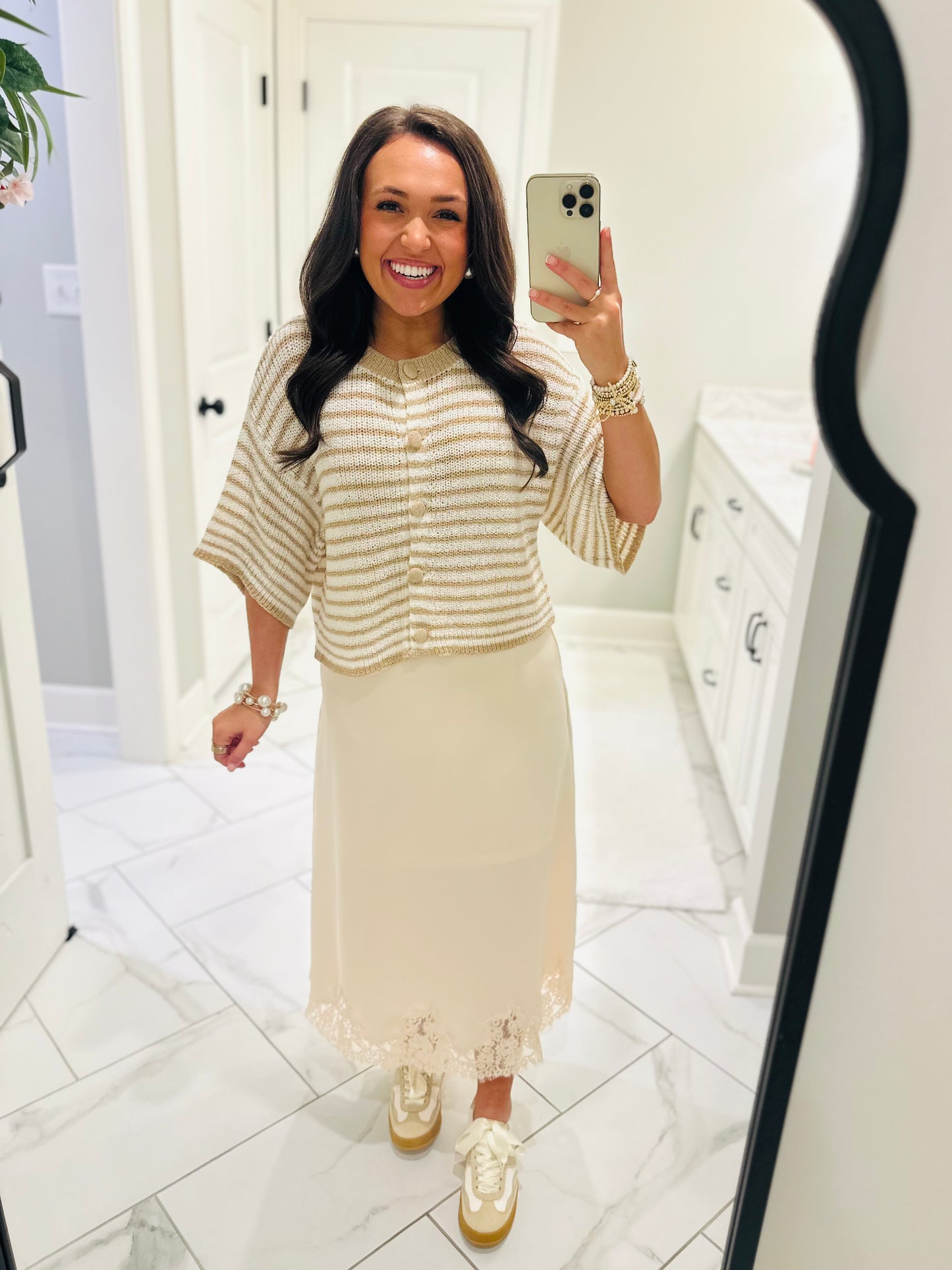 The Dallas Ecru Satin Lace Midi Skirt