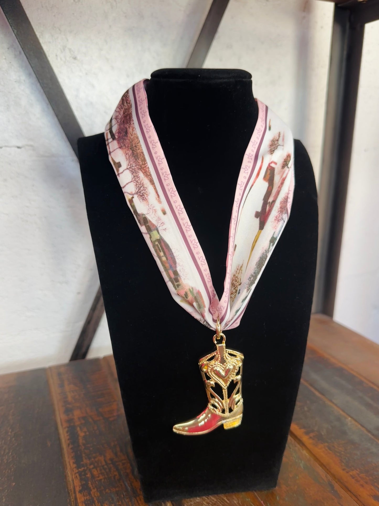 Pink Floral Silk Scarf + Gold Boot Pendant Necklace