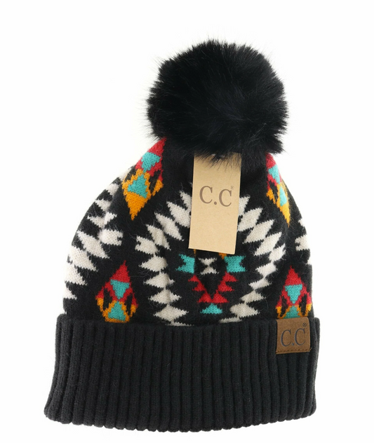 Aztec Patterned Faux Fur Pom C.C Beanie