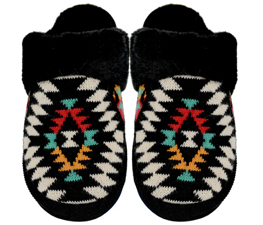 Black Aztec Patterned Faux Fur C.C Slippers