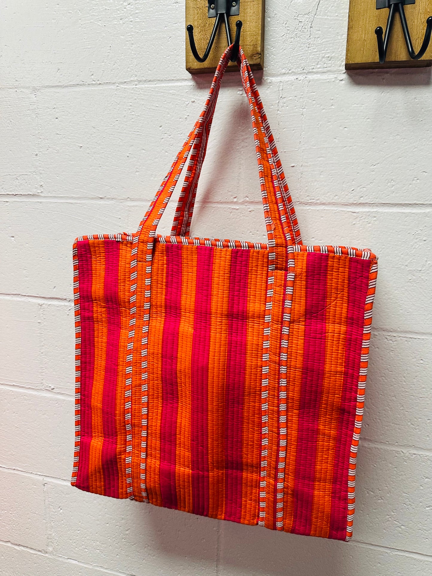 The Pink + Orange Striped Quilted Tote Bag