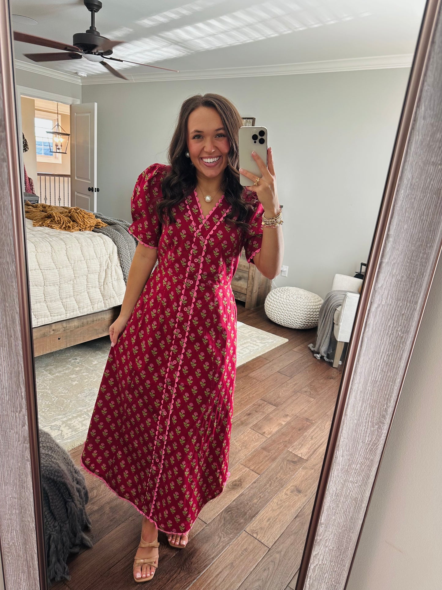 The Charlotte Burgundy Floral Scallop Trim Midi Dress