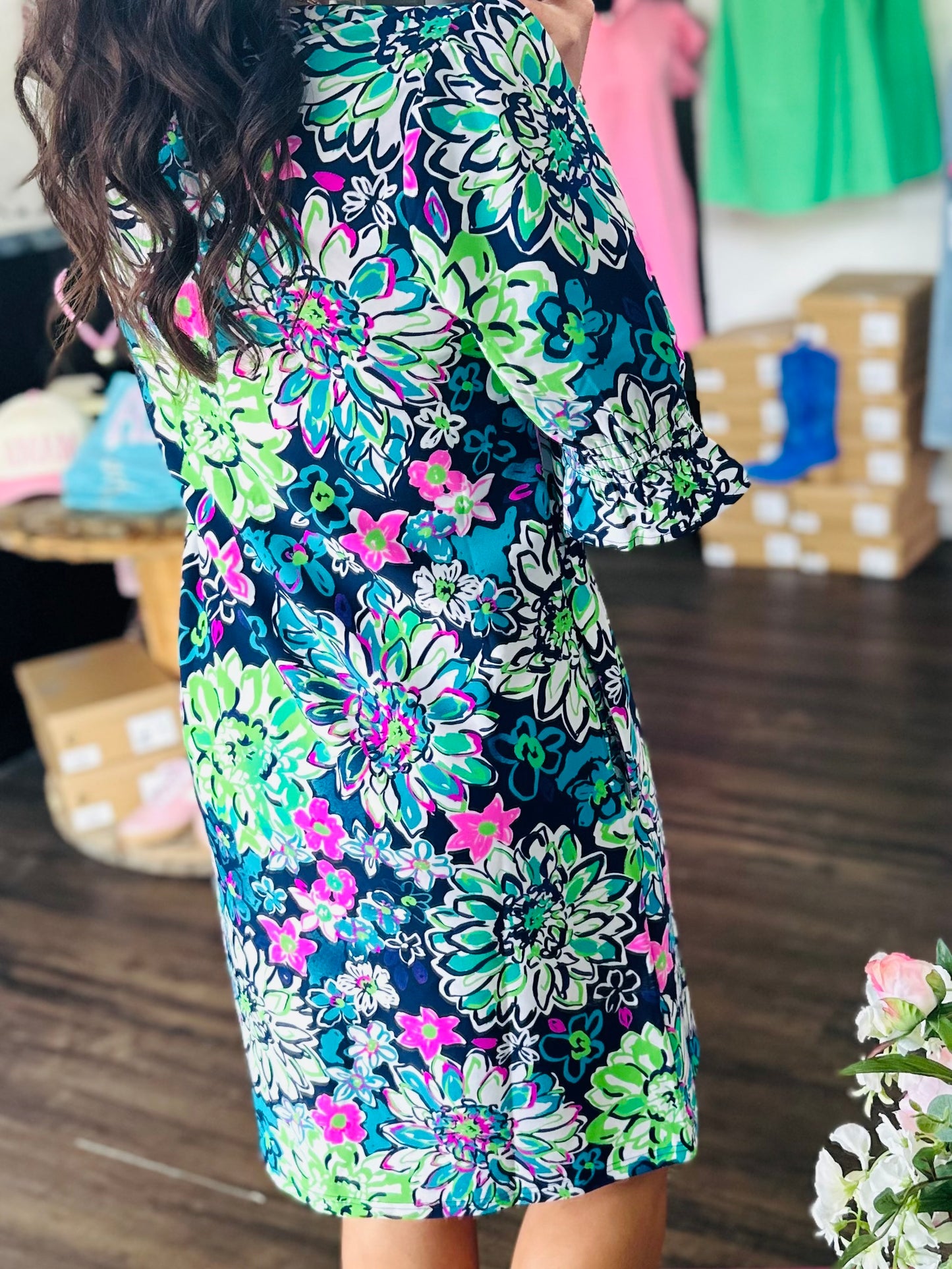 The Nova Navy Floral Ruffle Sleeve Dress