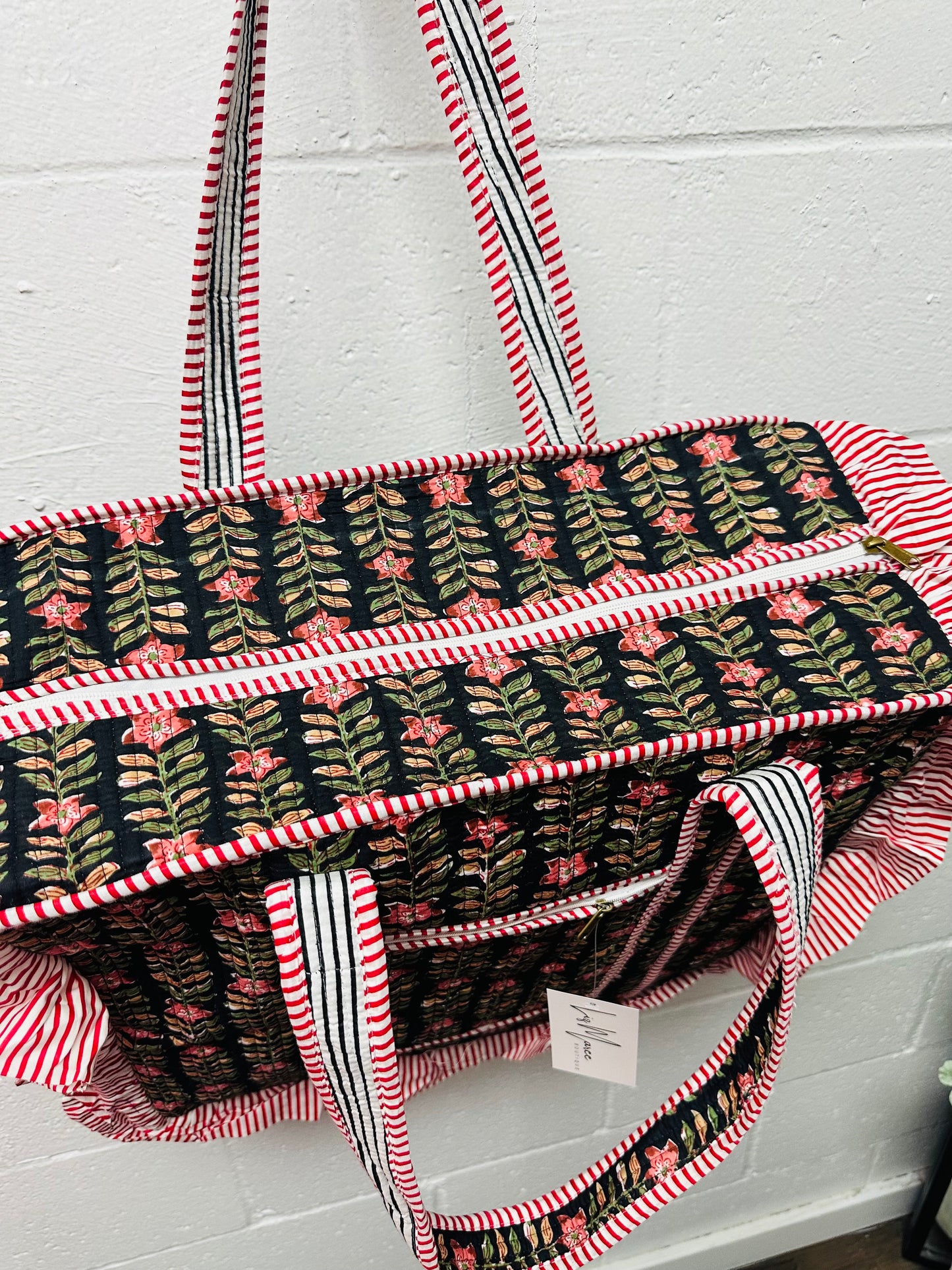 The Black Floral Ruffle Quilted Tote Bag