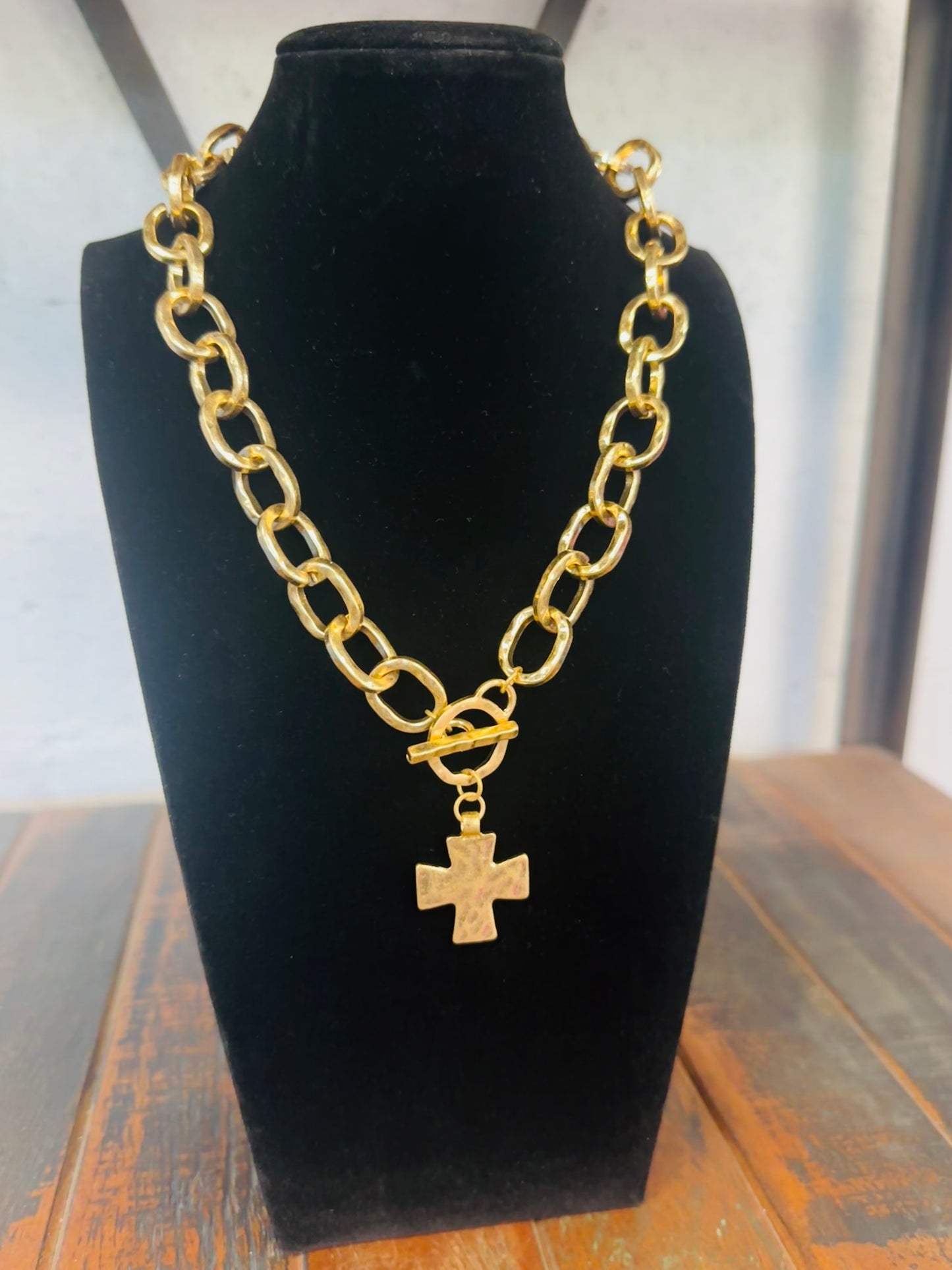 Gold Chunky Chain Hammered Cross Necklace