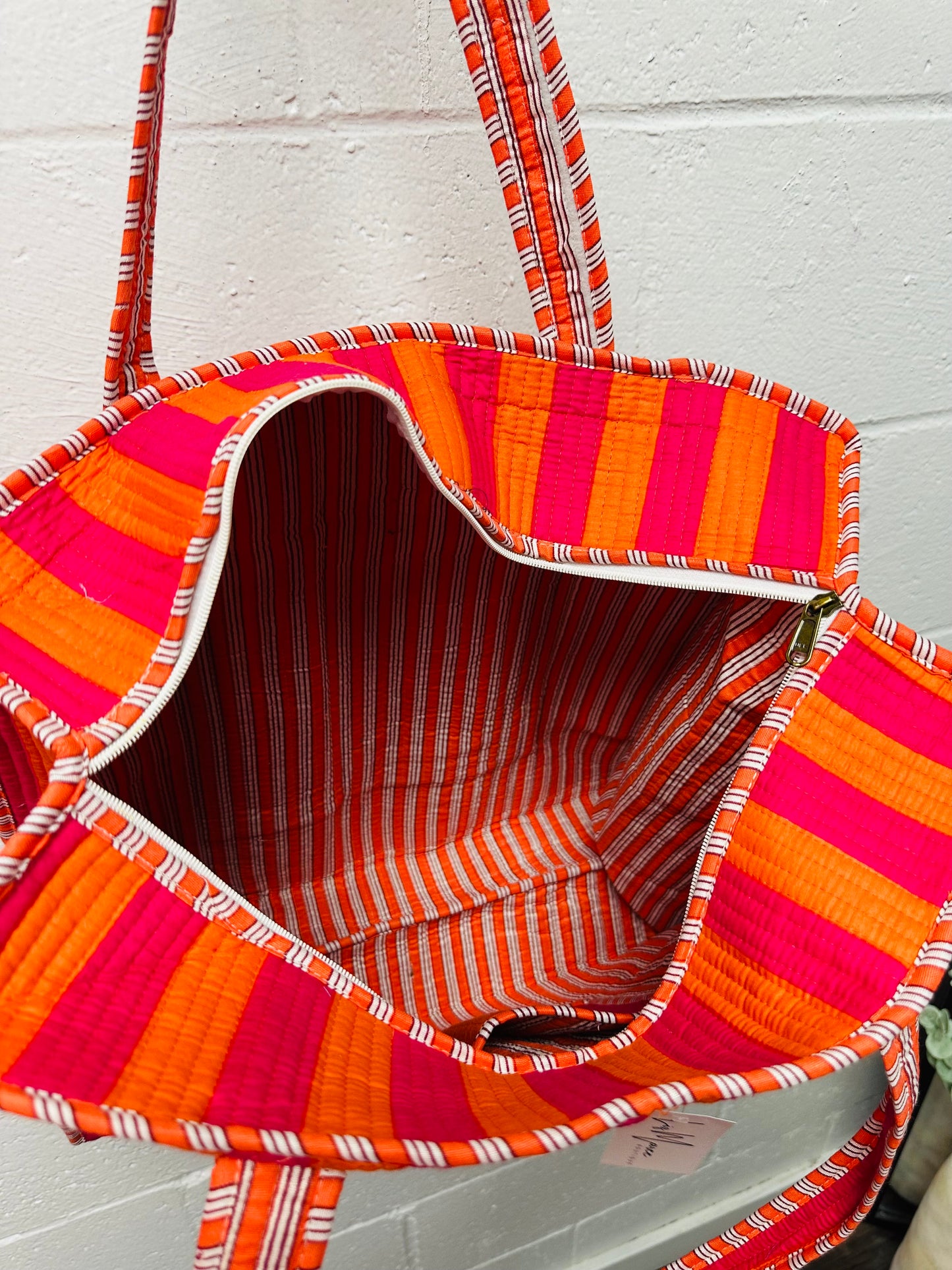 The Pink + Orange Striped Quilted Tote Bag