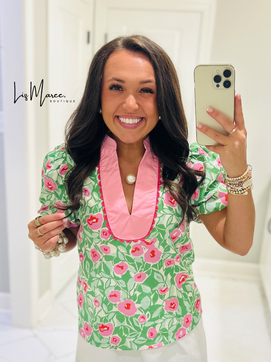 The Ginny Green + Pink Floral Top