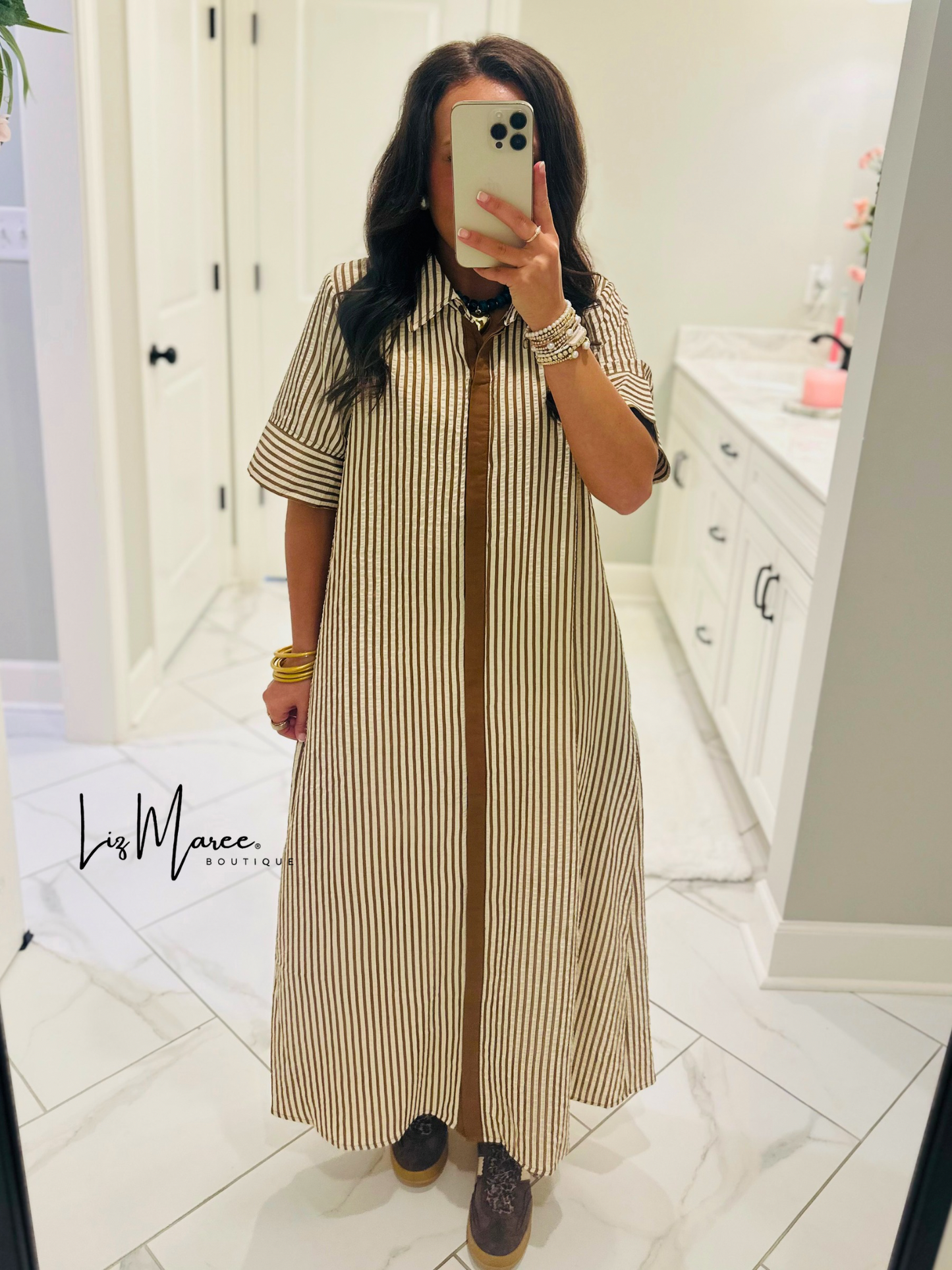 The Nora Caramel Brown Striped Midi Dress