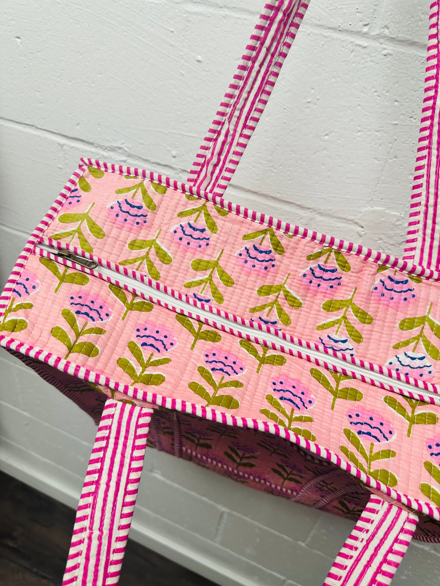 The Pink + Green Floral Quilted Tote Bag