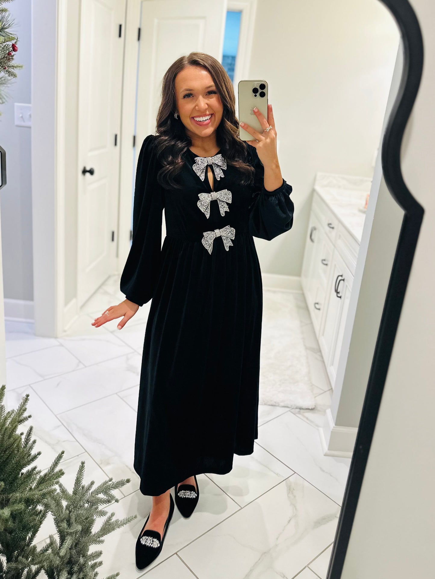 The Jenna Black Velvet Bow Midi Dress