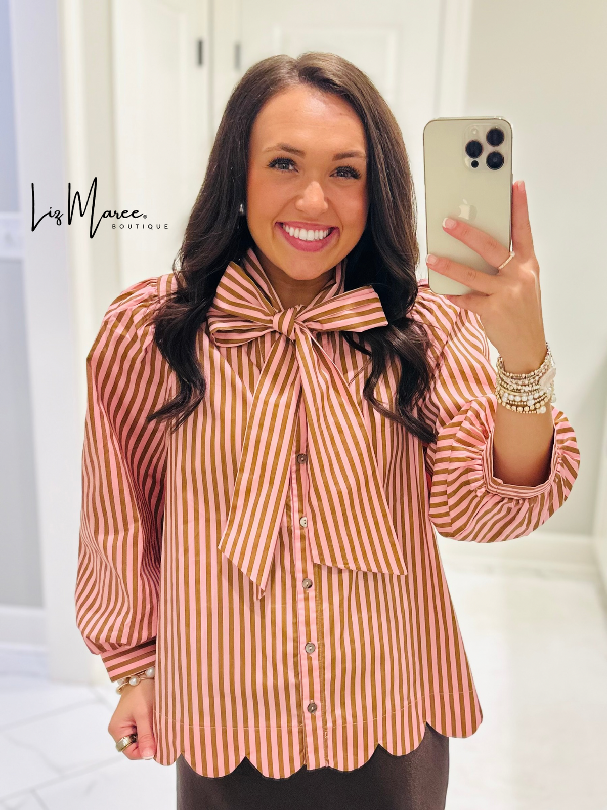 The Shelby Pink + Brown Striped Bow Top