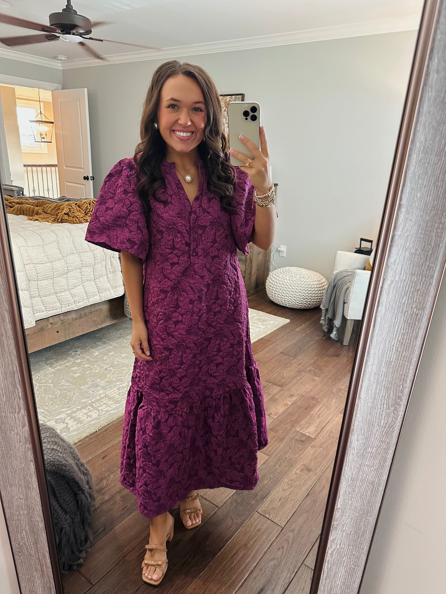 The Ada Plum Jacquard Floral Midi Dress
