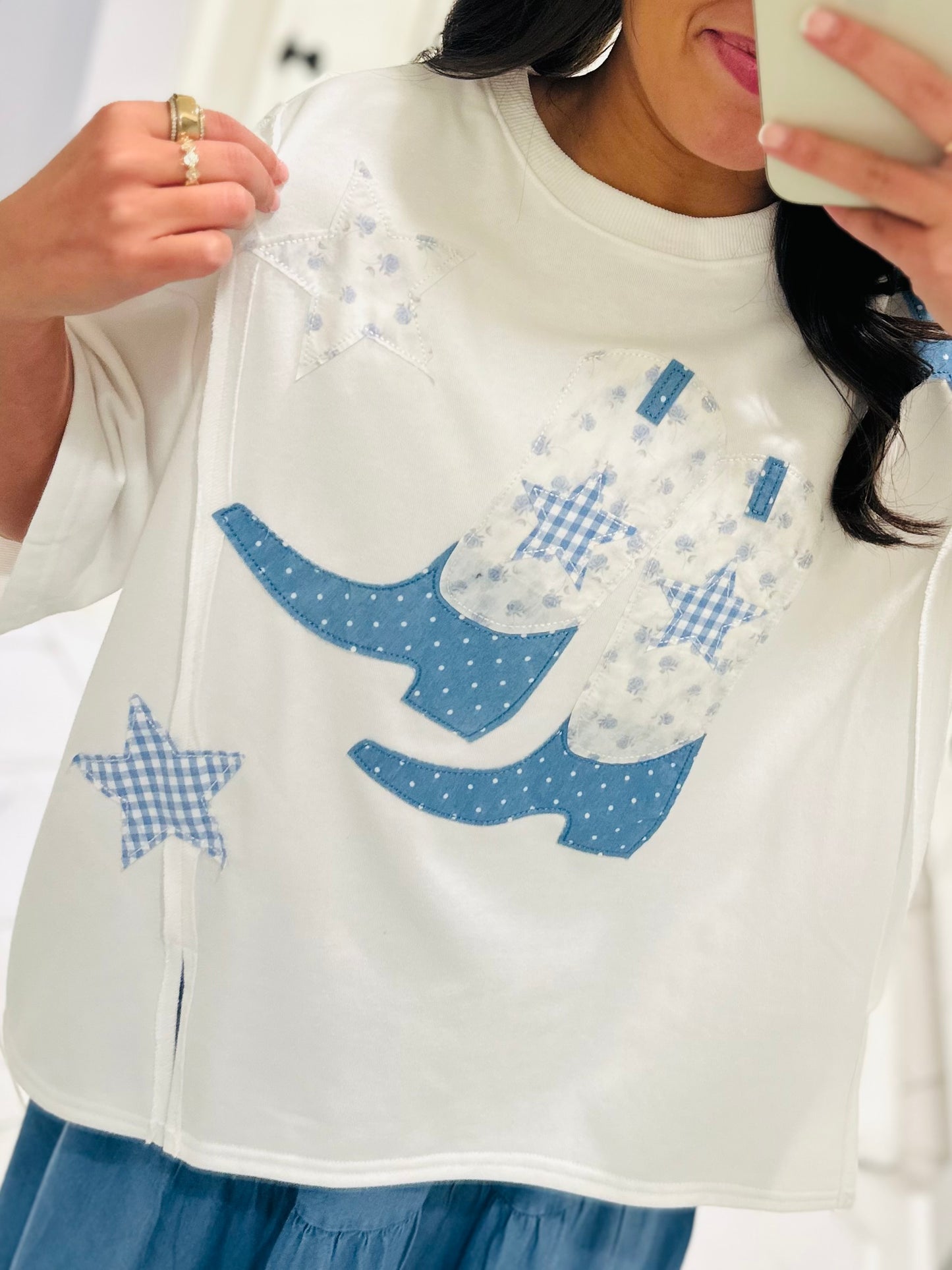 The Blaire Blue Cowboy Boot Star Patchwork Tee