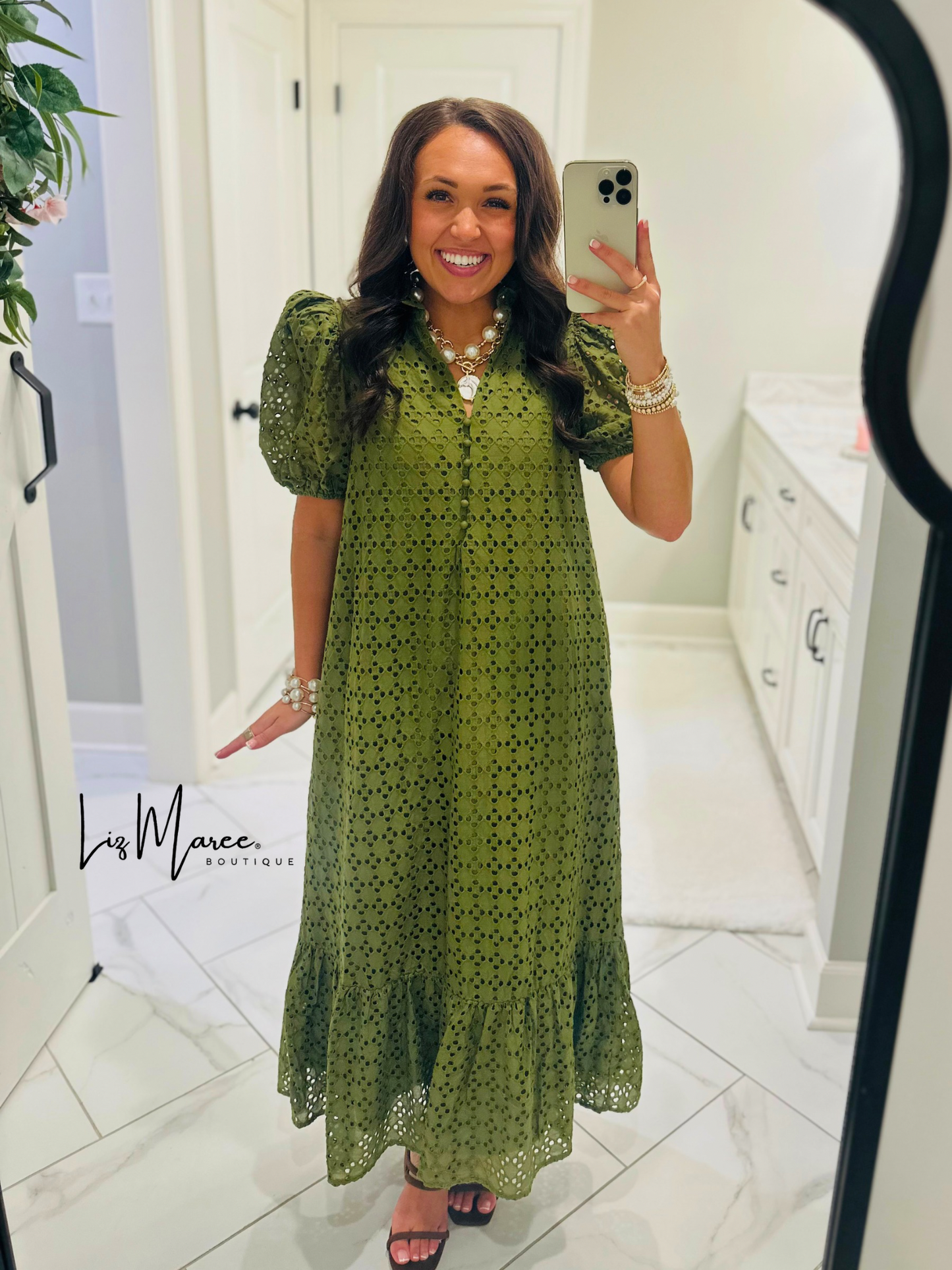 The Liz Olive Green Eyelet Midi Dress