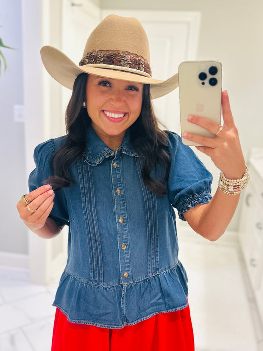 The Delilah Denim Ruffle Top
