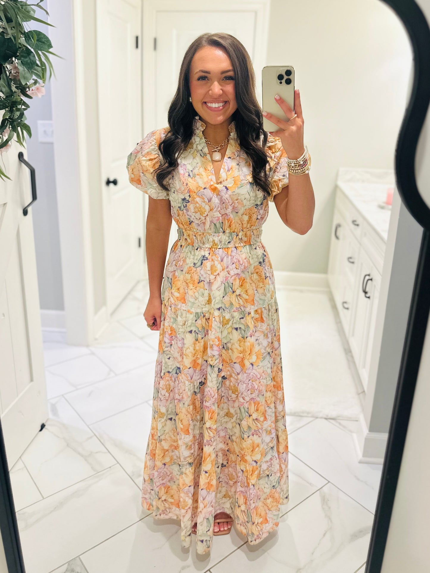 The Elizabeth Lavender + Orange Multicolor Floral Midi Dress