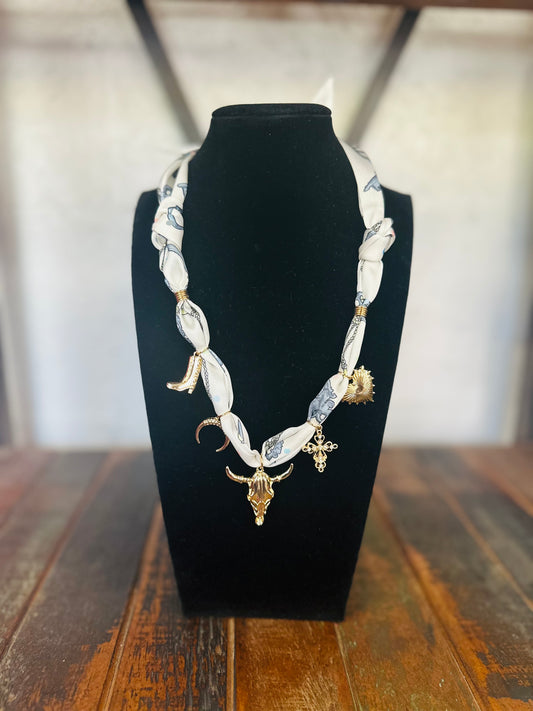 Western Steer Gold Charm Scarf Necklace - White