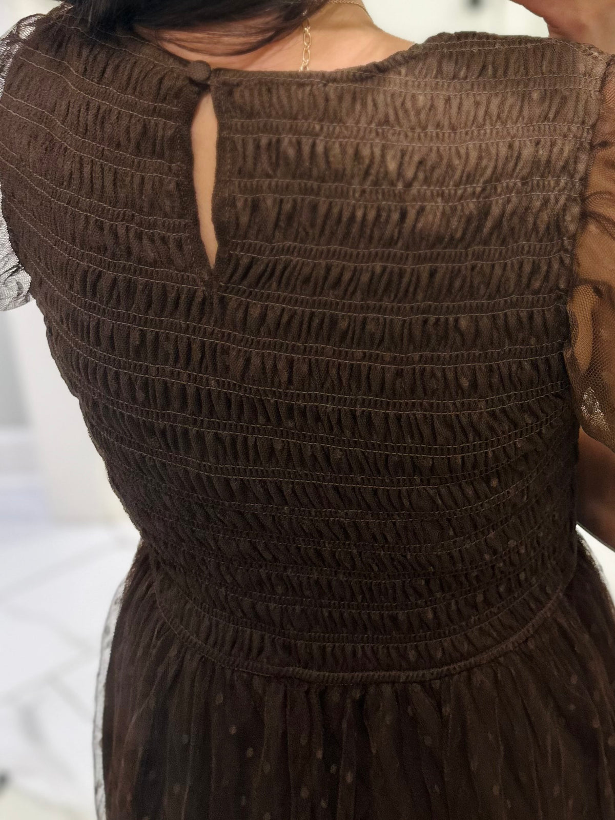 The Autumn Brown Polka Dot Chiffon Midi Dress