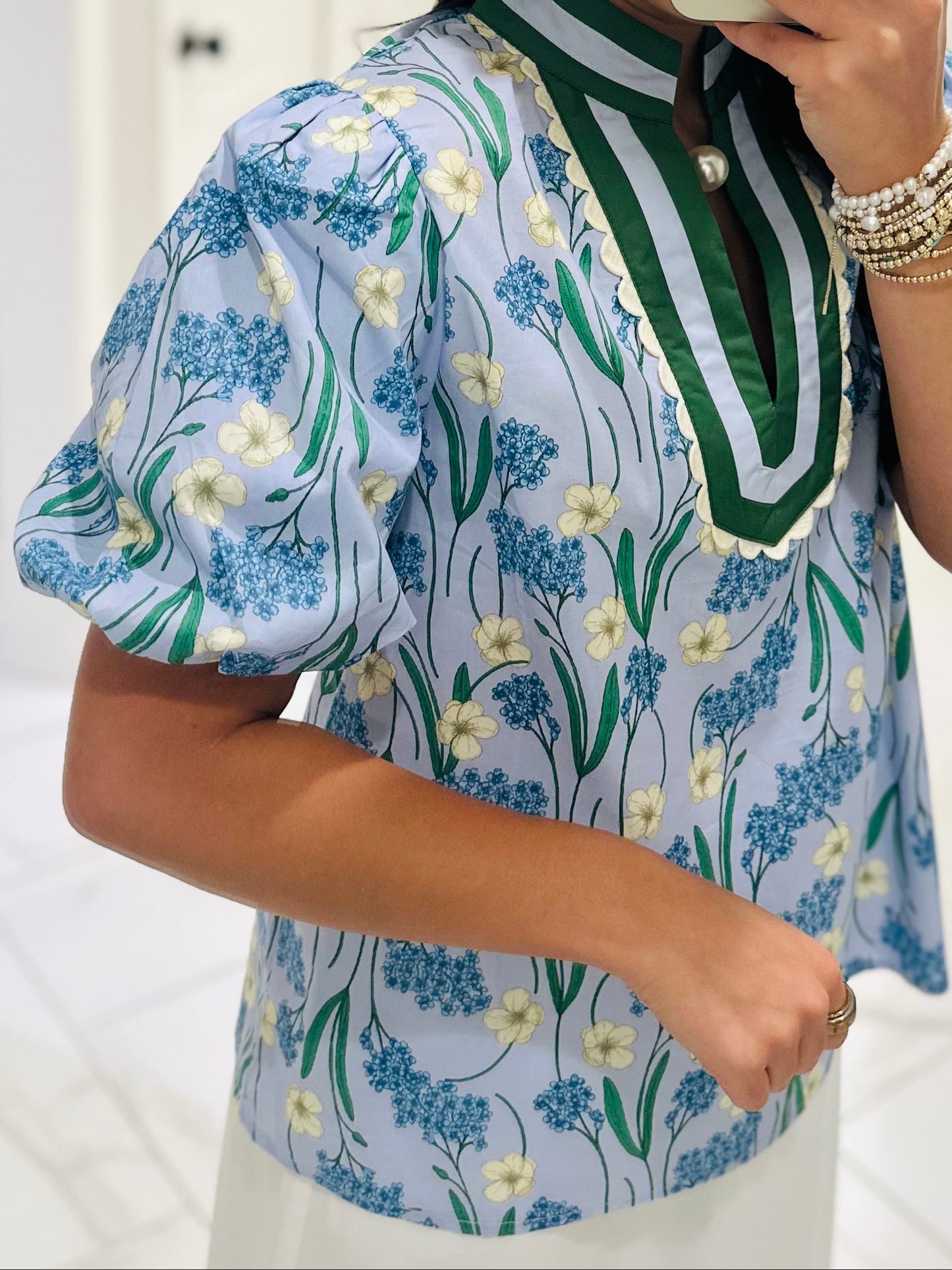 The Poppy Blue Floral Scallop Trim Top