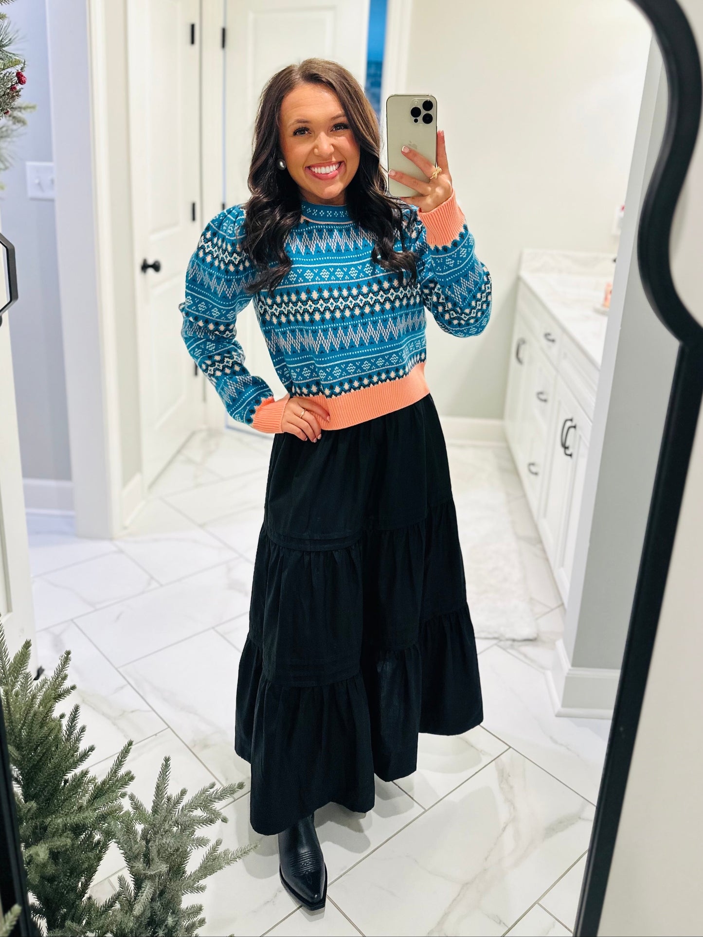 The Alya Blue Fair Isle Print Cropped Sweater