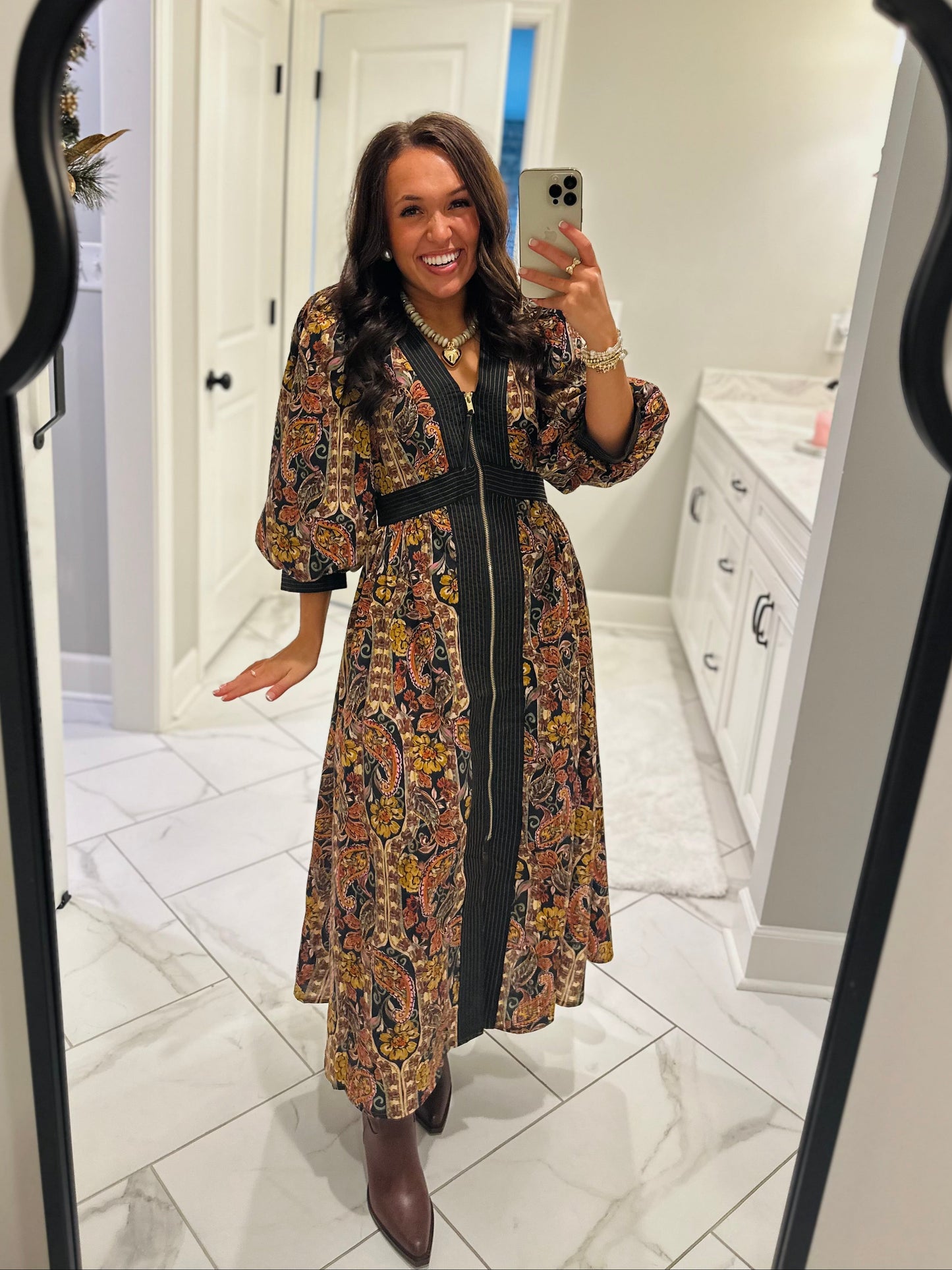 The Libby Black Floral Paisley Midi Dress