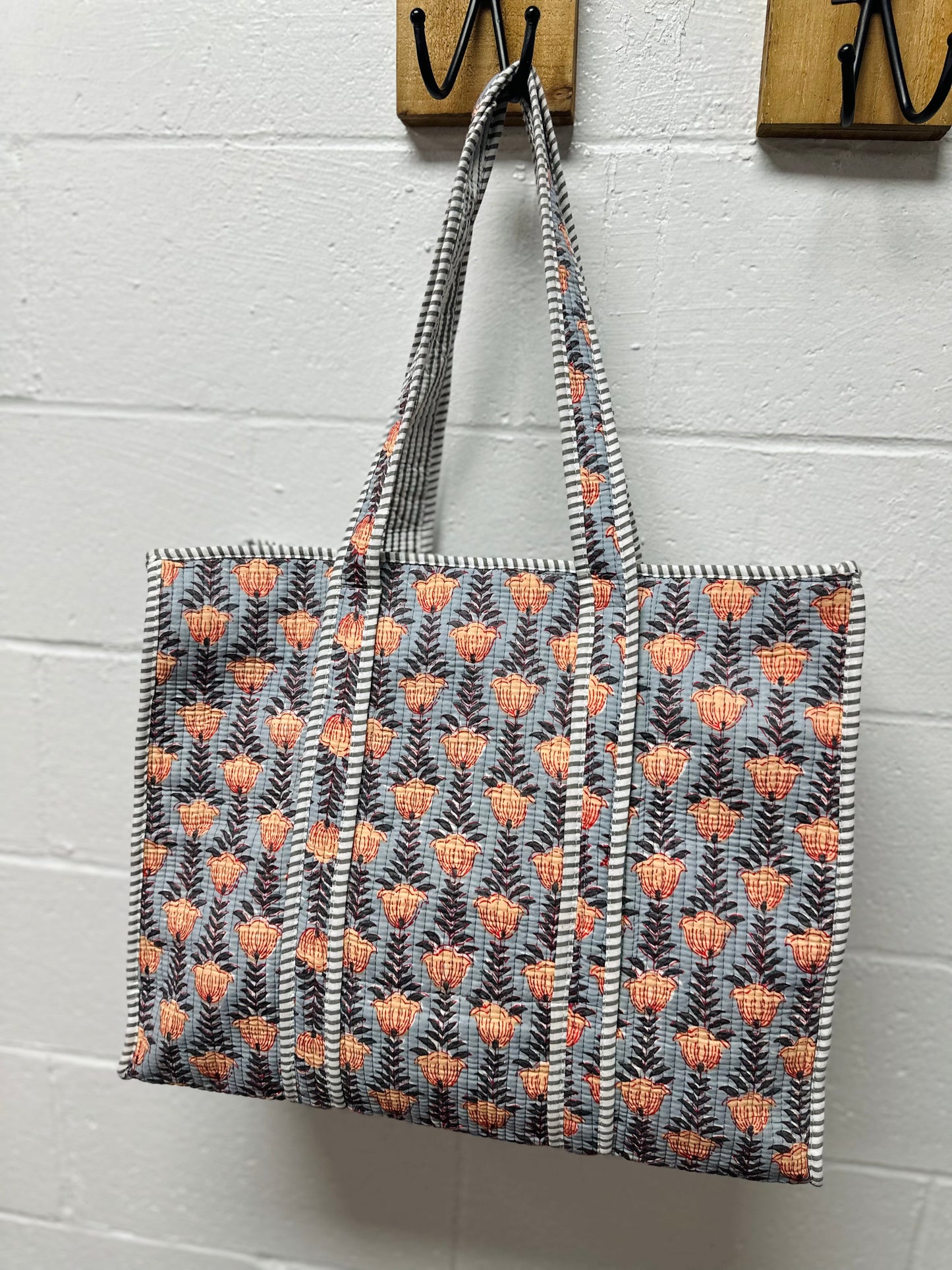 The Gray & Orange Floral Quilted Tote Bag