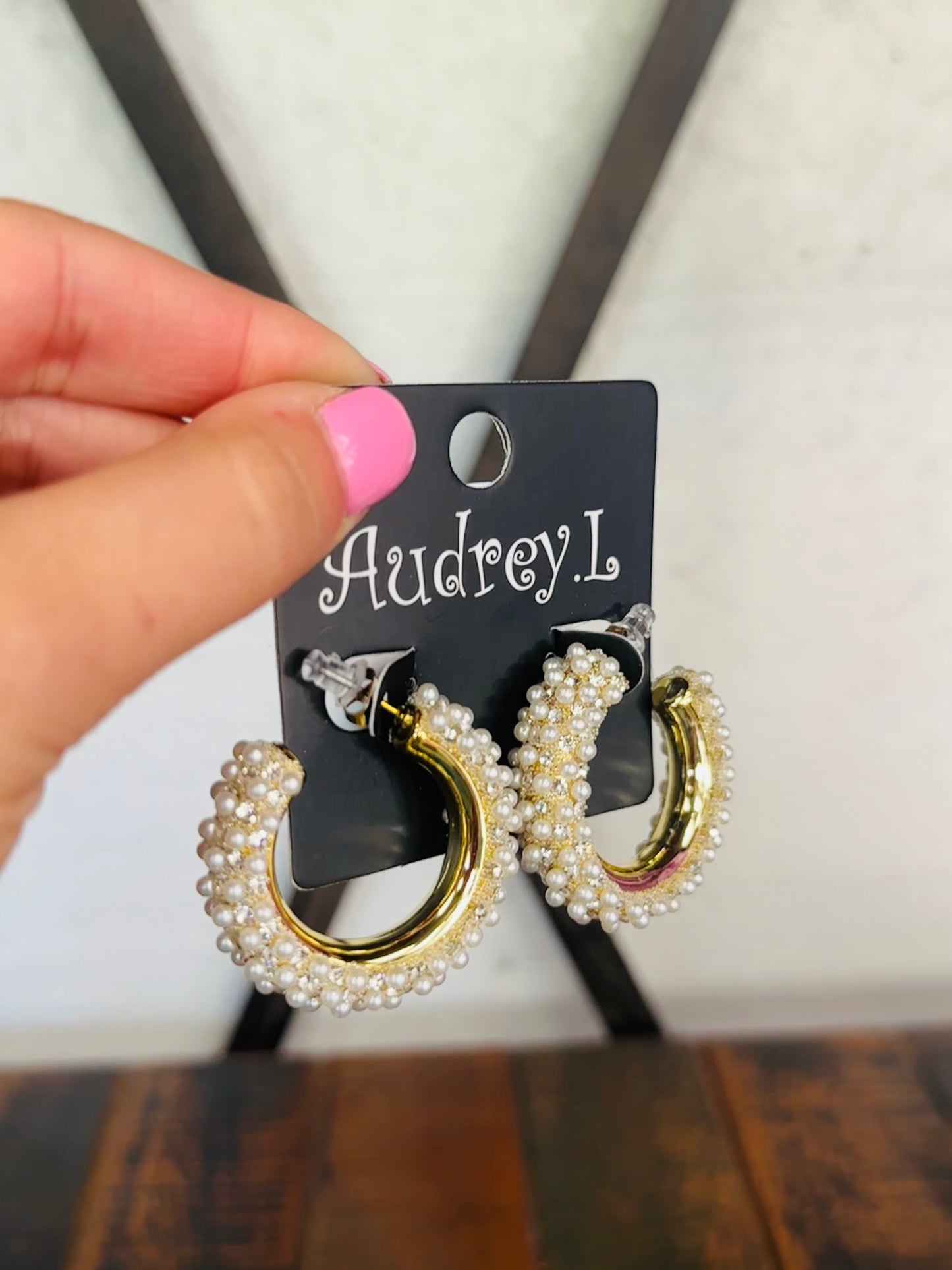 Gold + Cream Pearl Rhinestone Hoop Earring