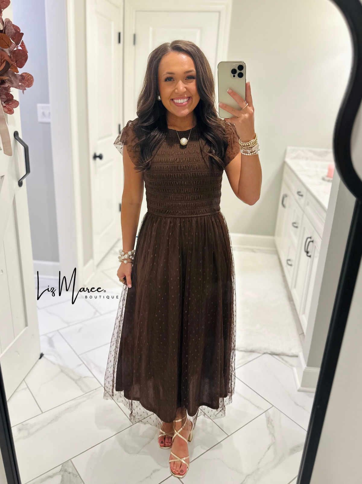 The Autumn Brown Polka Dot Chiffon Midi Dress