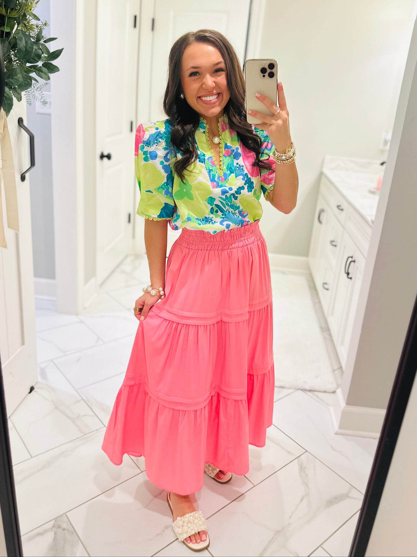 The Remi Lime Green Floral Scallop Trim Top