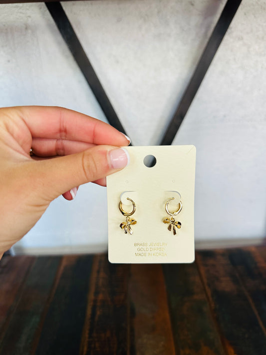 Dainty Gold Bow Dangling Hoop Earring