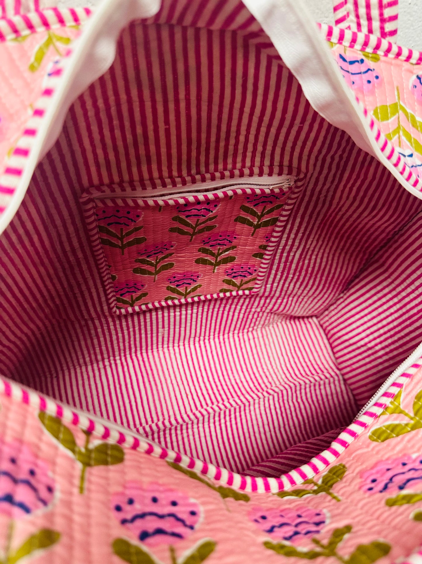 The Pink + Green Floral Quilted Tote Bag