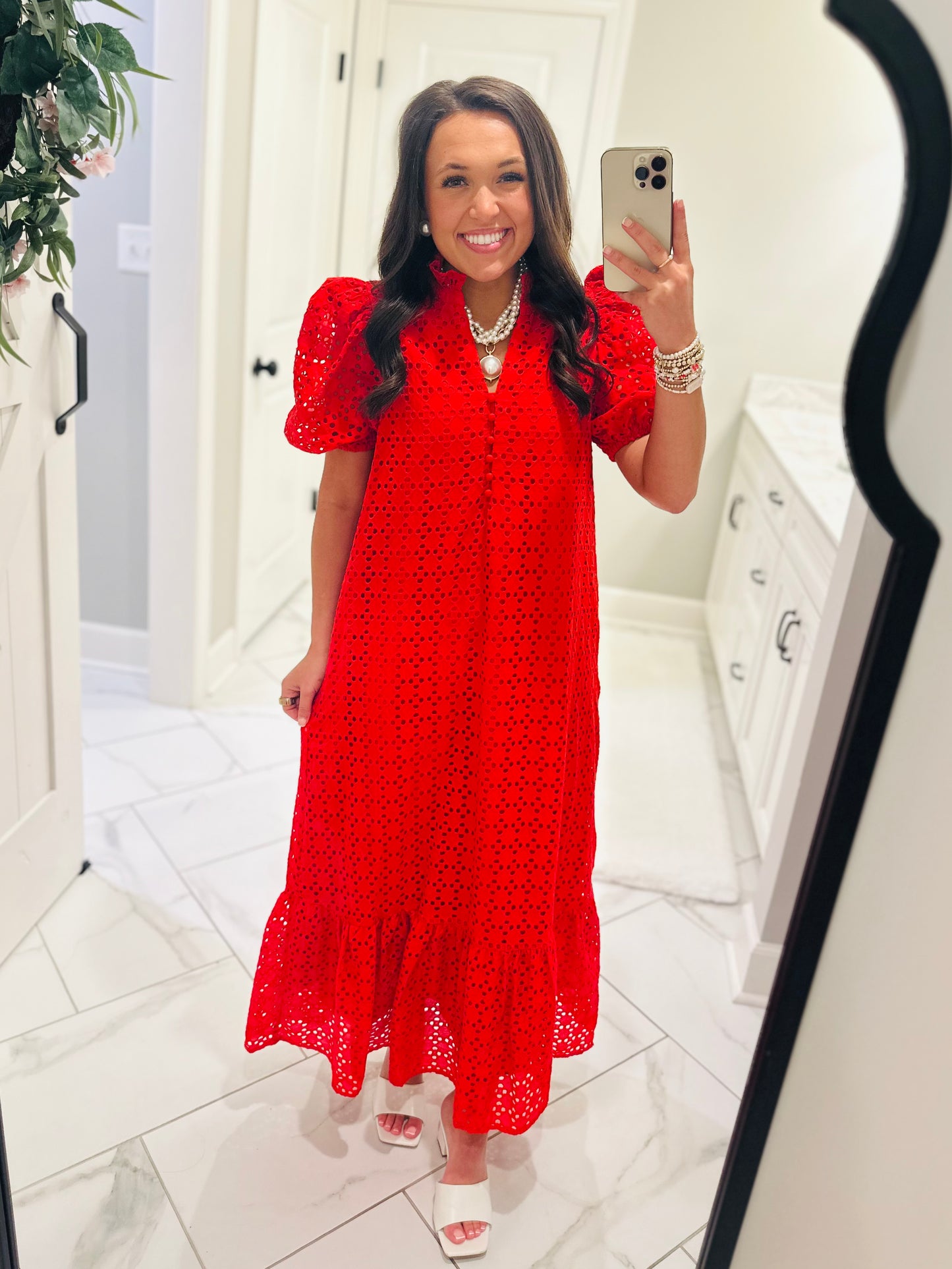 The Liz Red Eyelet Midi Dress