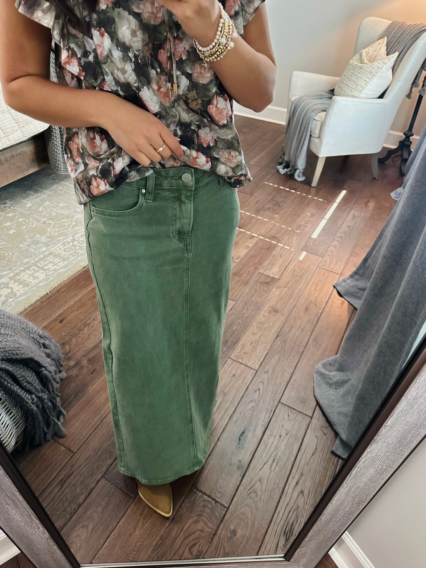 The Olive High Rise Back Slit Long Denim Skirt