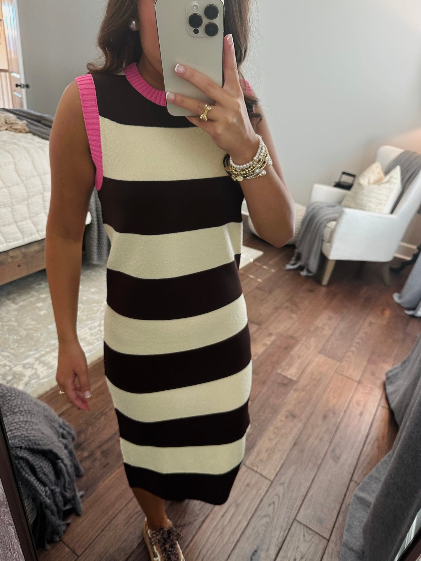 The Everlee Pink + Cream Striped Knit Midi Dress