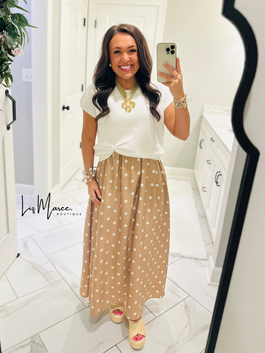 The Lennon Cream Tan Layered Polka Dot Midi Dress