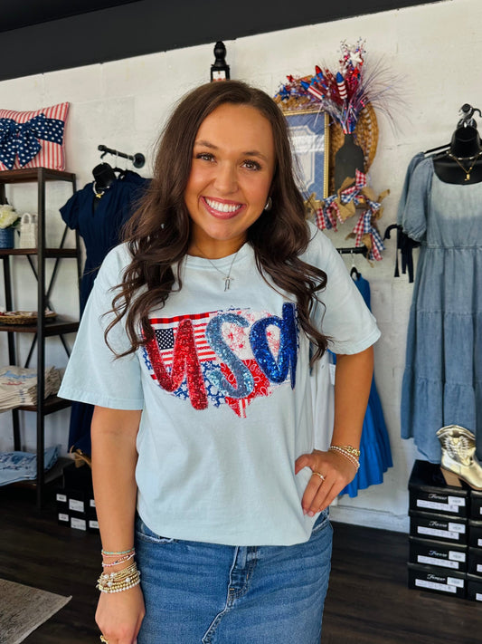 The Patchwork USA Sequin Embroidered Tee