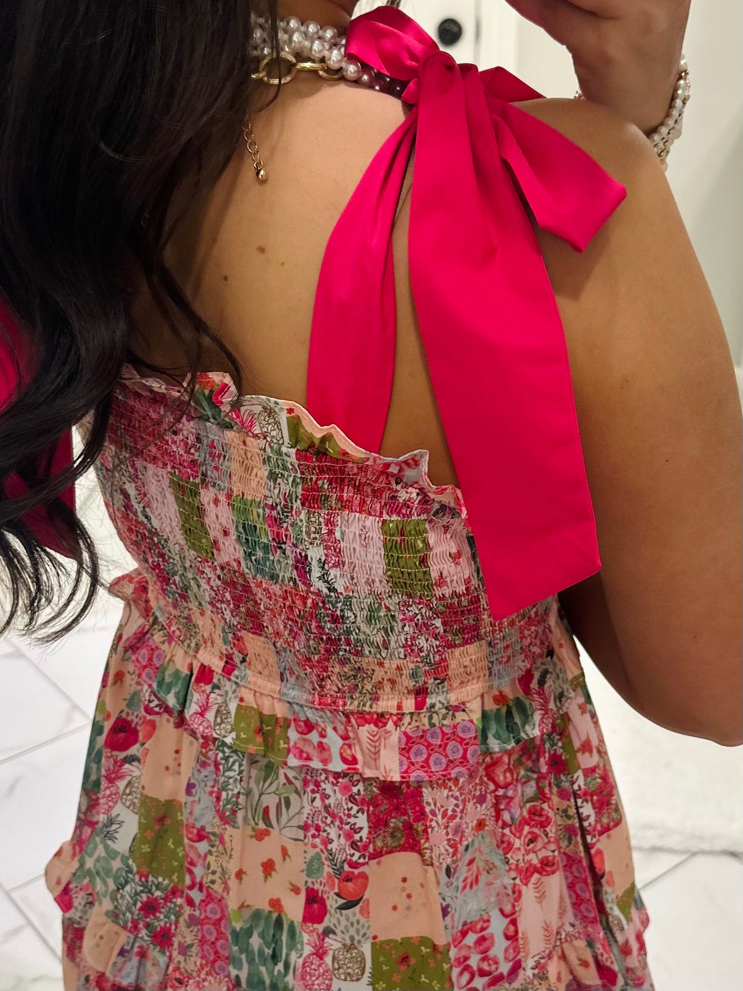 The Lillie Pink Multicolor Patchwork Midi Dress