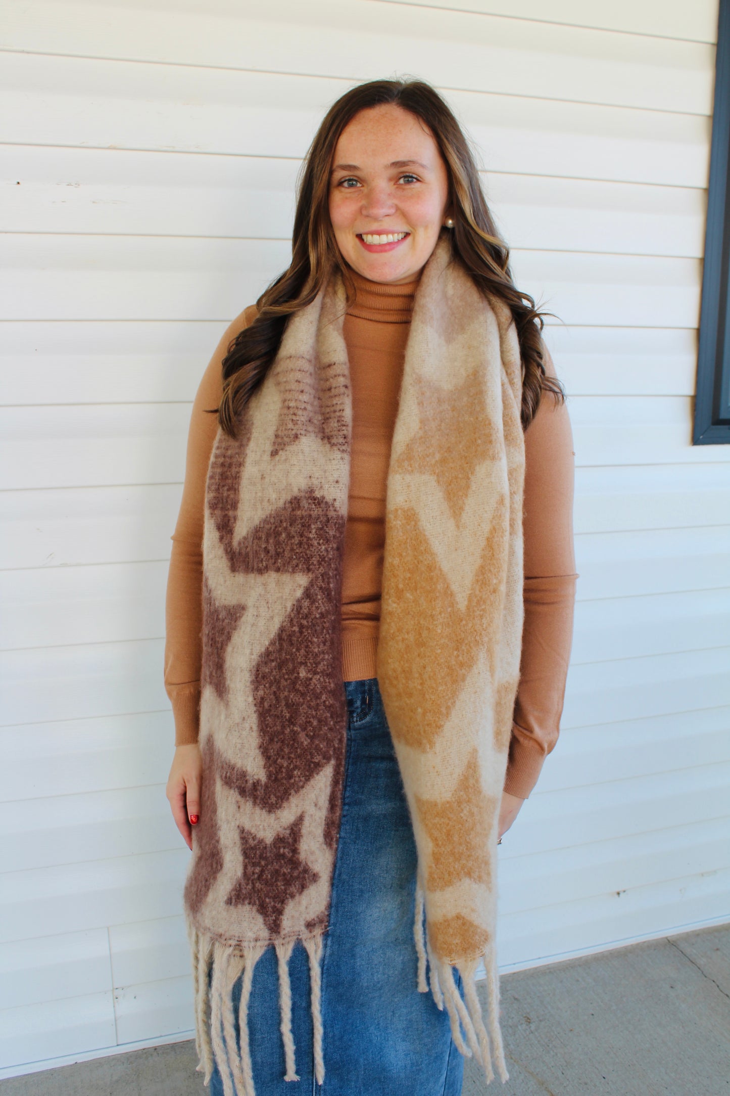 Brown Star Print Tassel Scarf