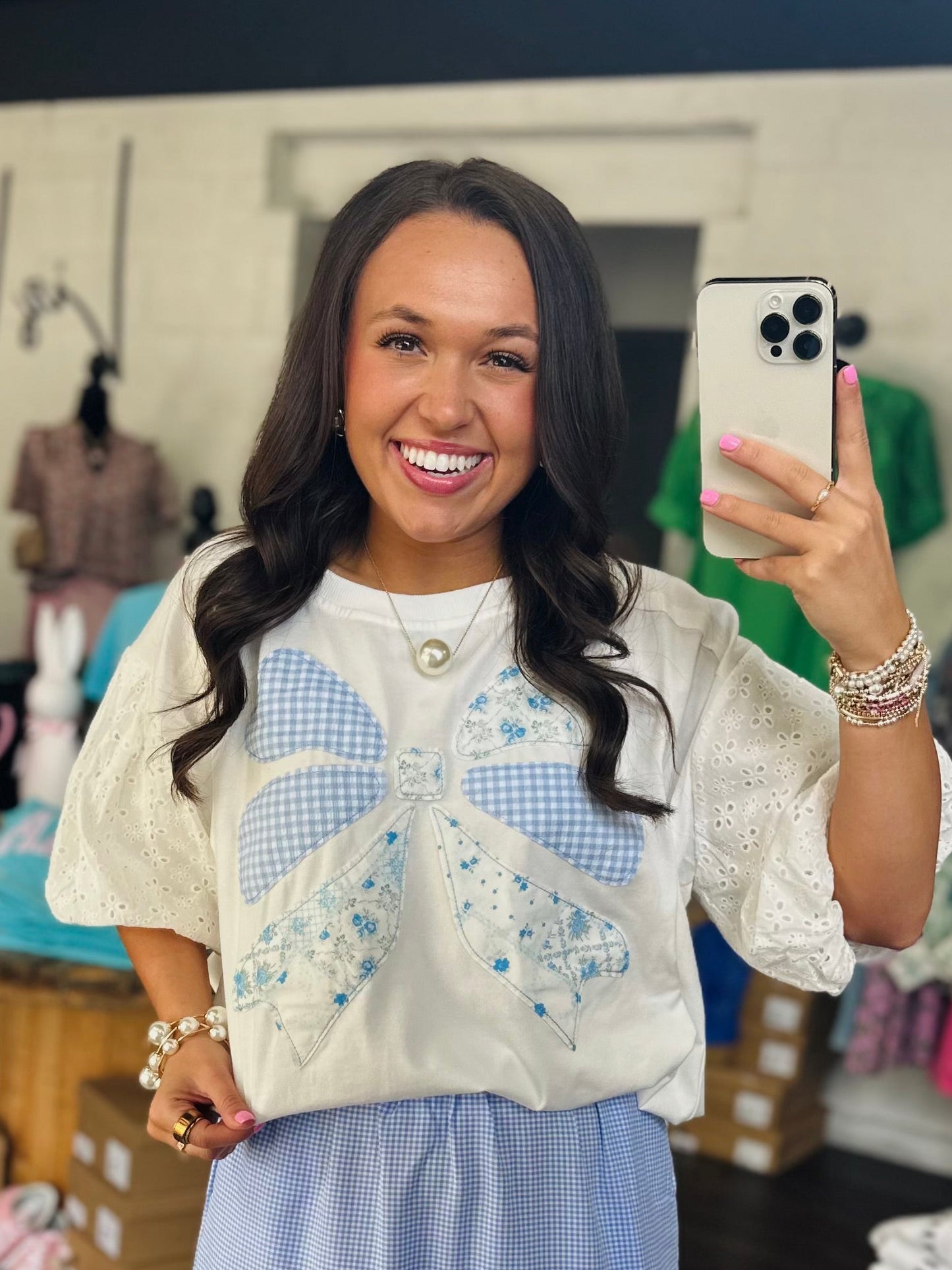 The Brylee Blue Bow Patchwork Top