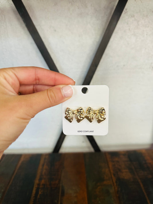 Gold Ribbon Bow Stud Earring