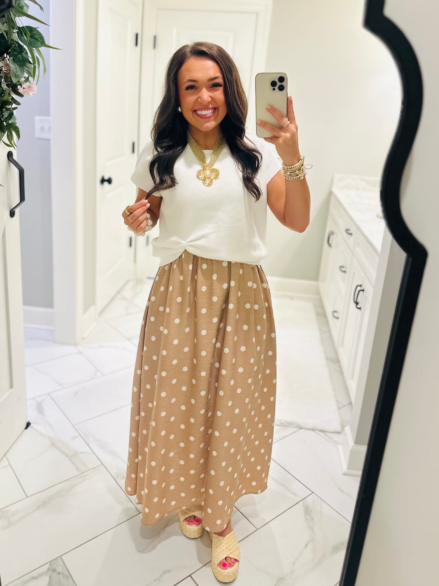 The Lennon Cream Tan Layered Polka Dot Midi Dress
