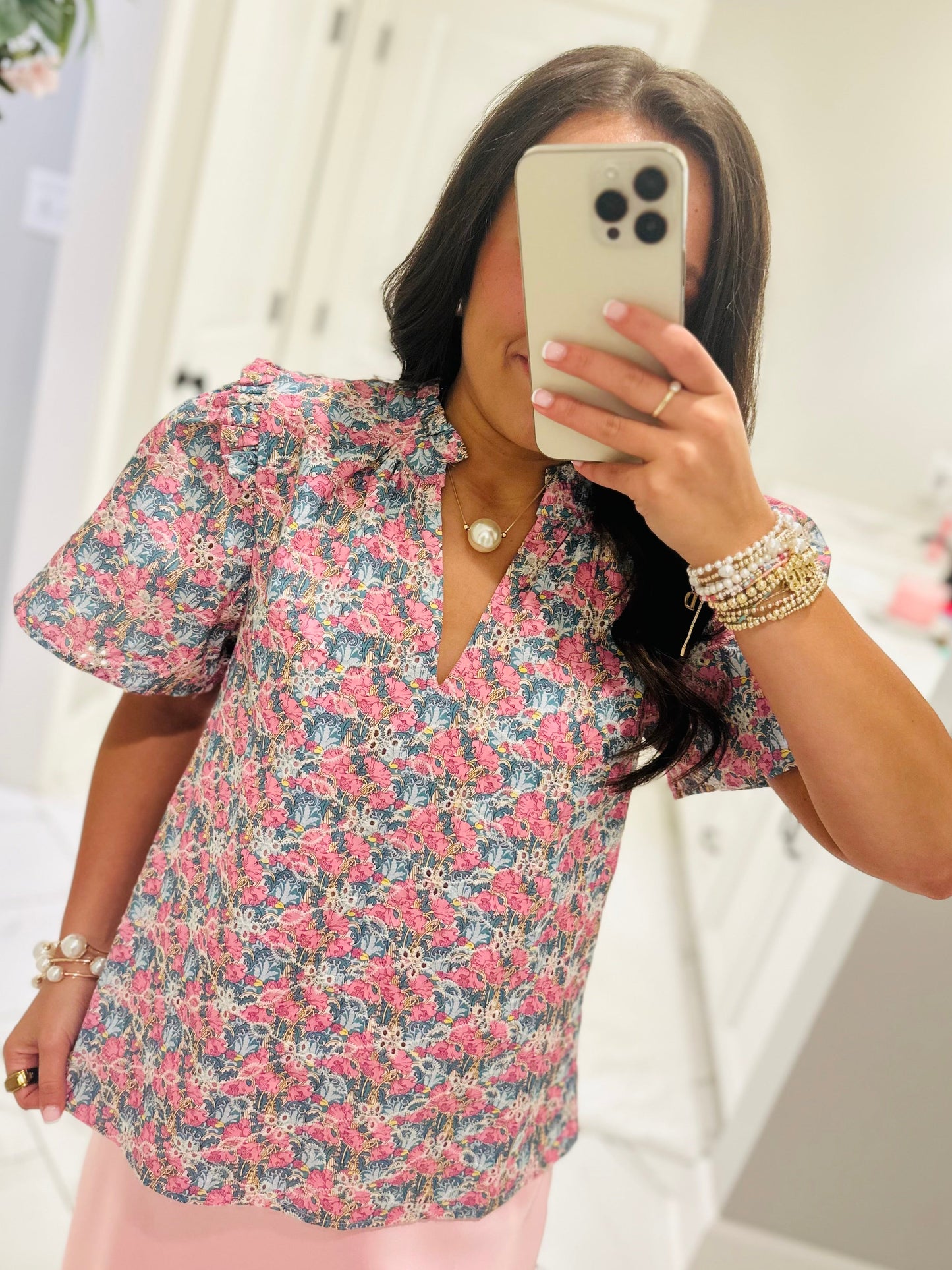 The Gemalee Pink + Green Eyelet Top
