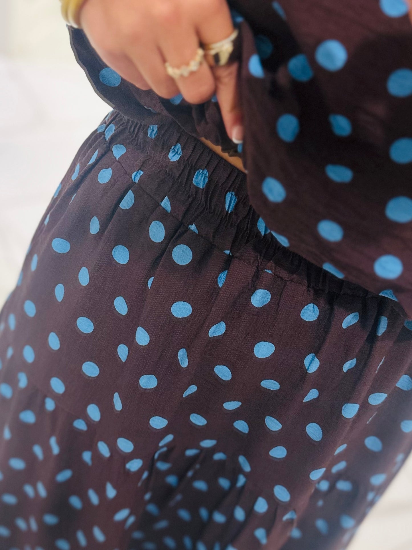 The Brinley Brown + Blue Polka Dot Top + Skirt Set