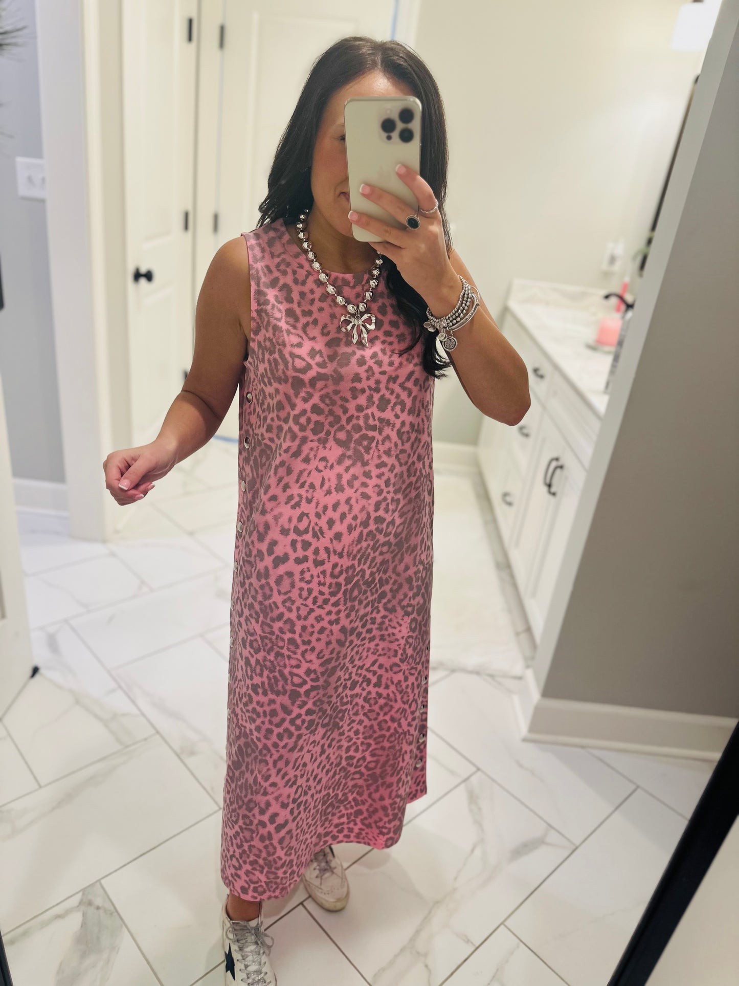 The Brooke Pink Leopard Midi Dress