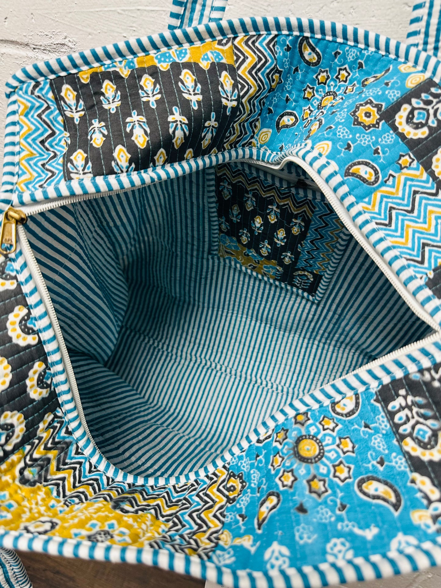The Blue + Black Multi Pattern Quilted Tote Bag