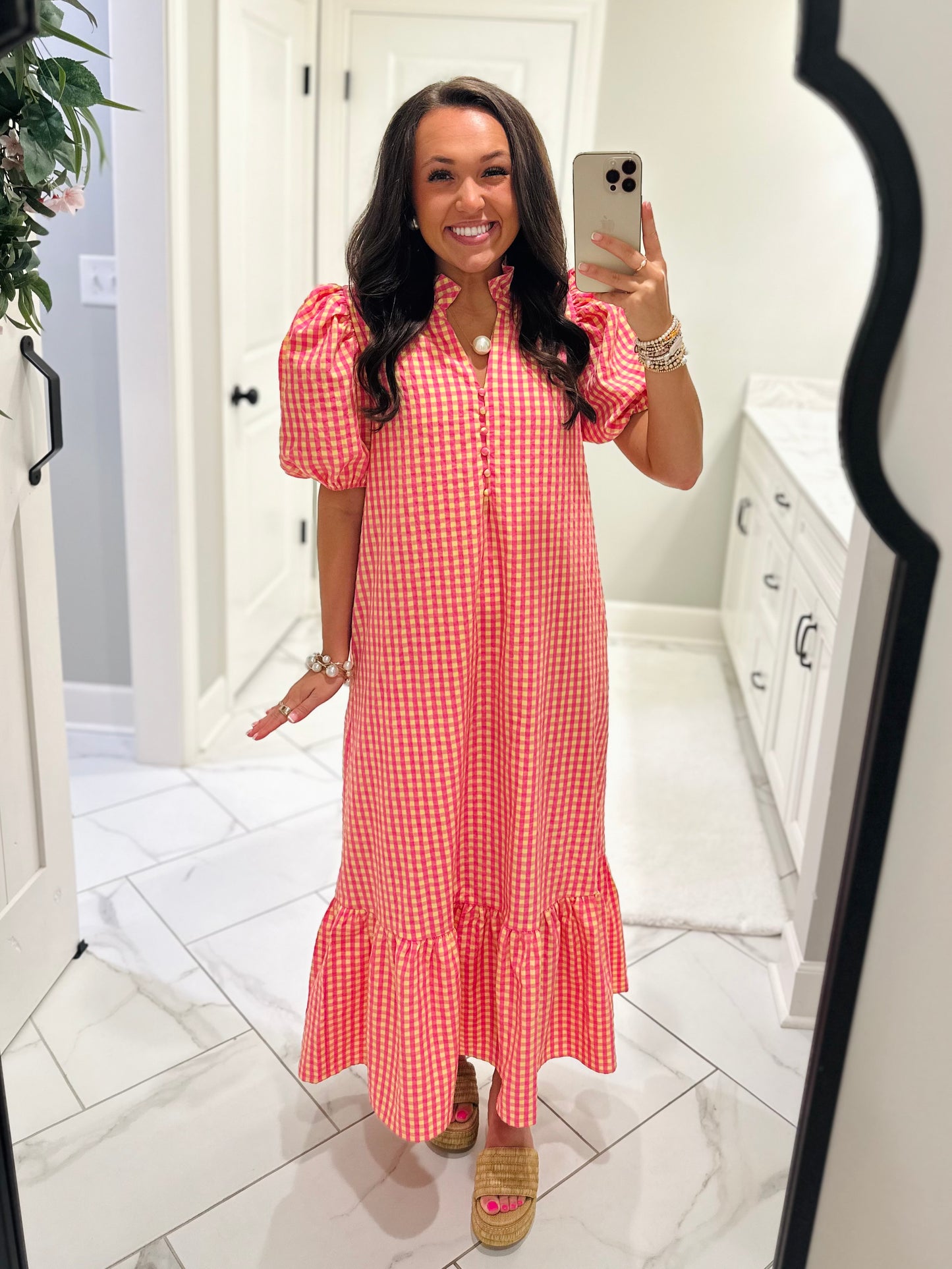 The Emilee Pink + Yellow Gingham Midi Dress