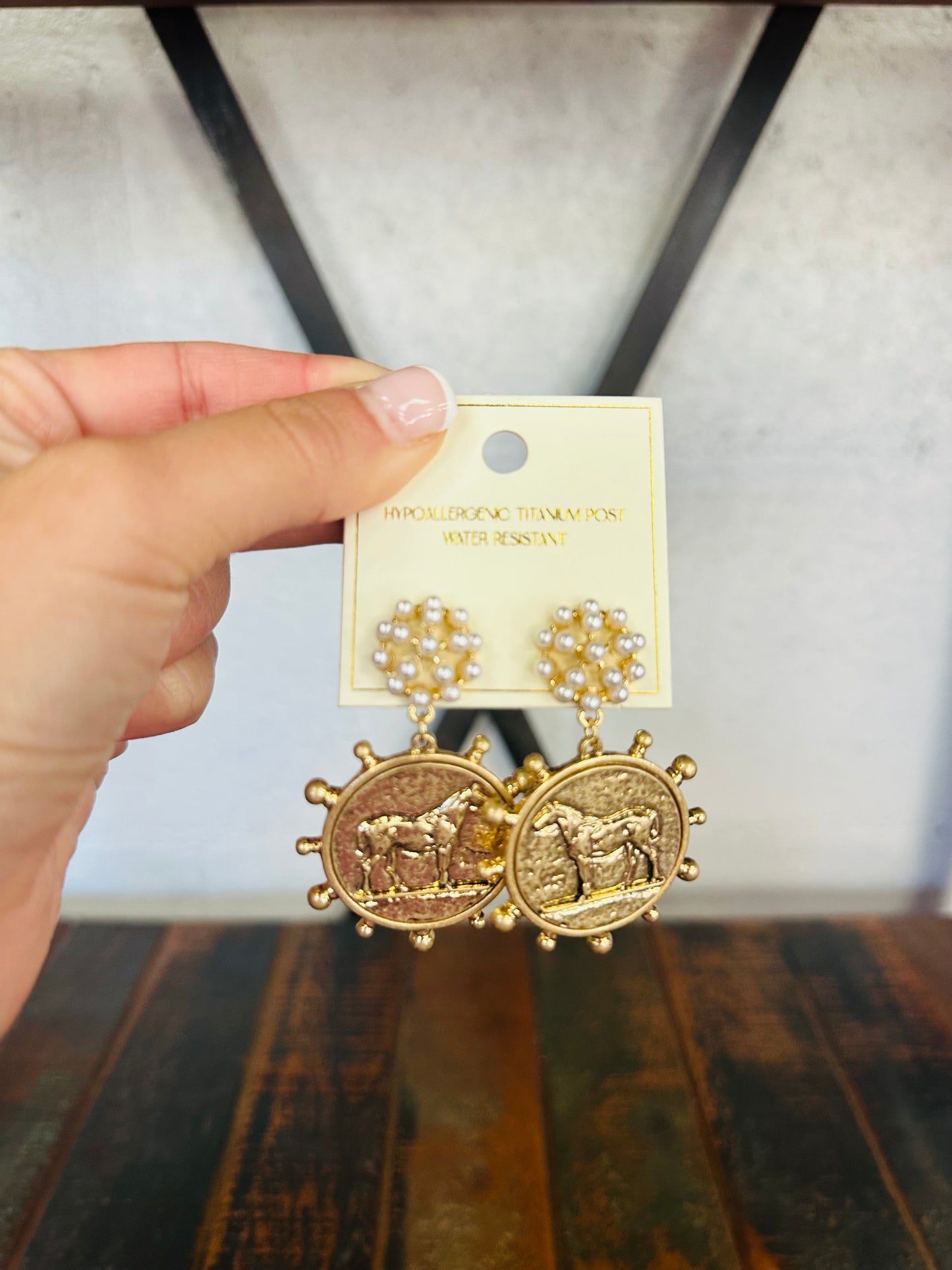 Gold Horse Coin & Pearl Drop Earrings