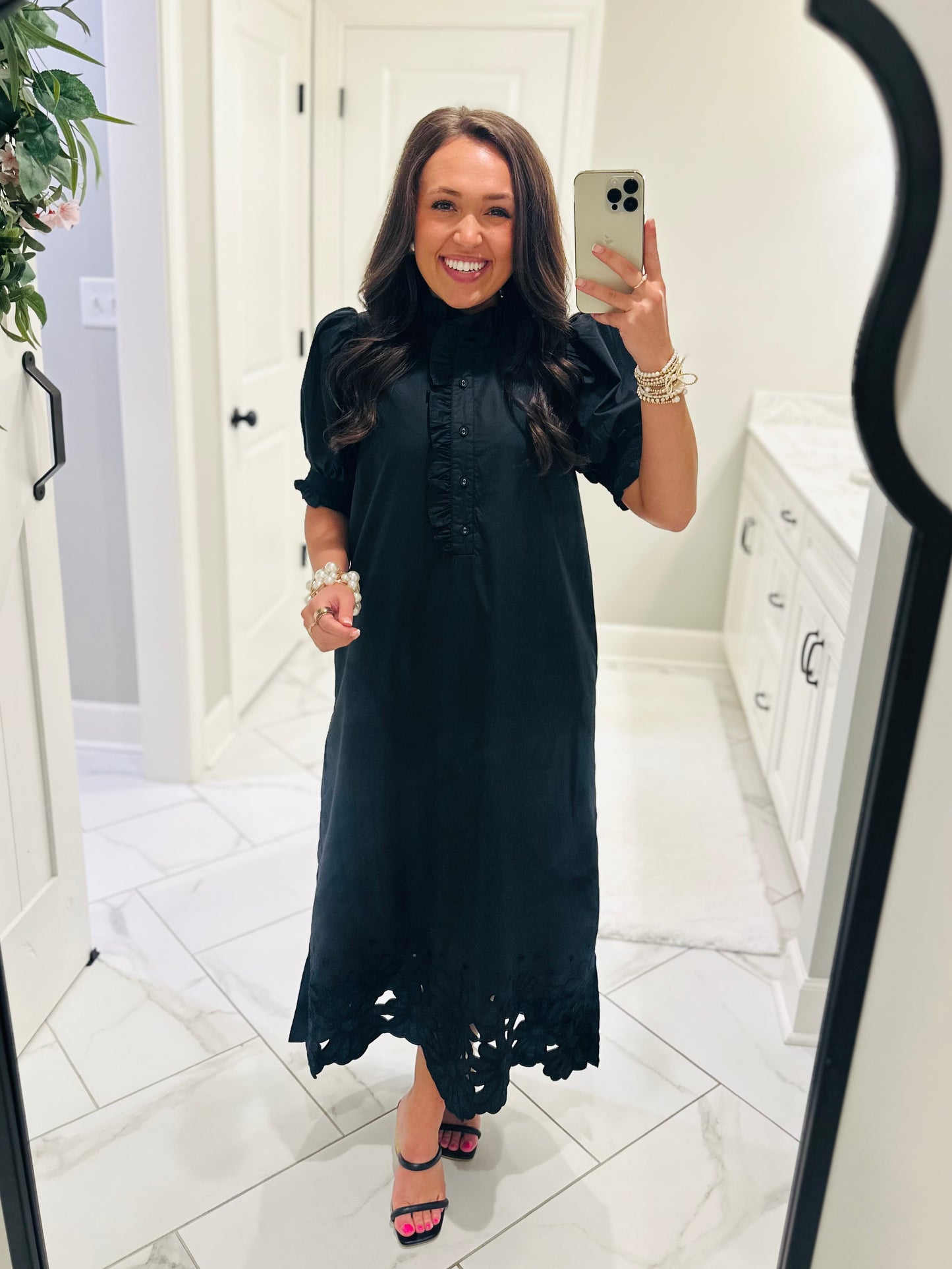 The Blakeley Black Embroidered Scallop Midi Dress